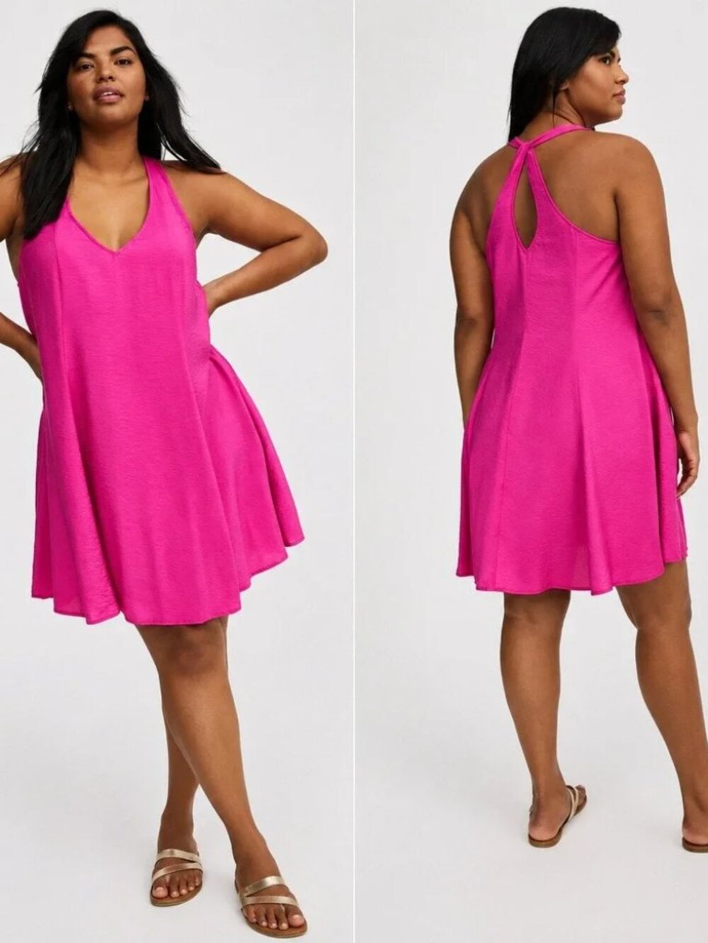 Torrid NWT Mini Hammered Rayon V Neck Twist Back Dress Barbiecore Beach Resort